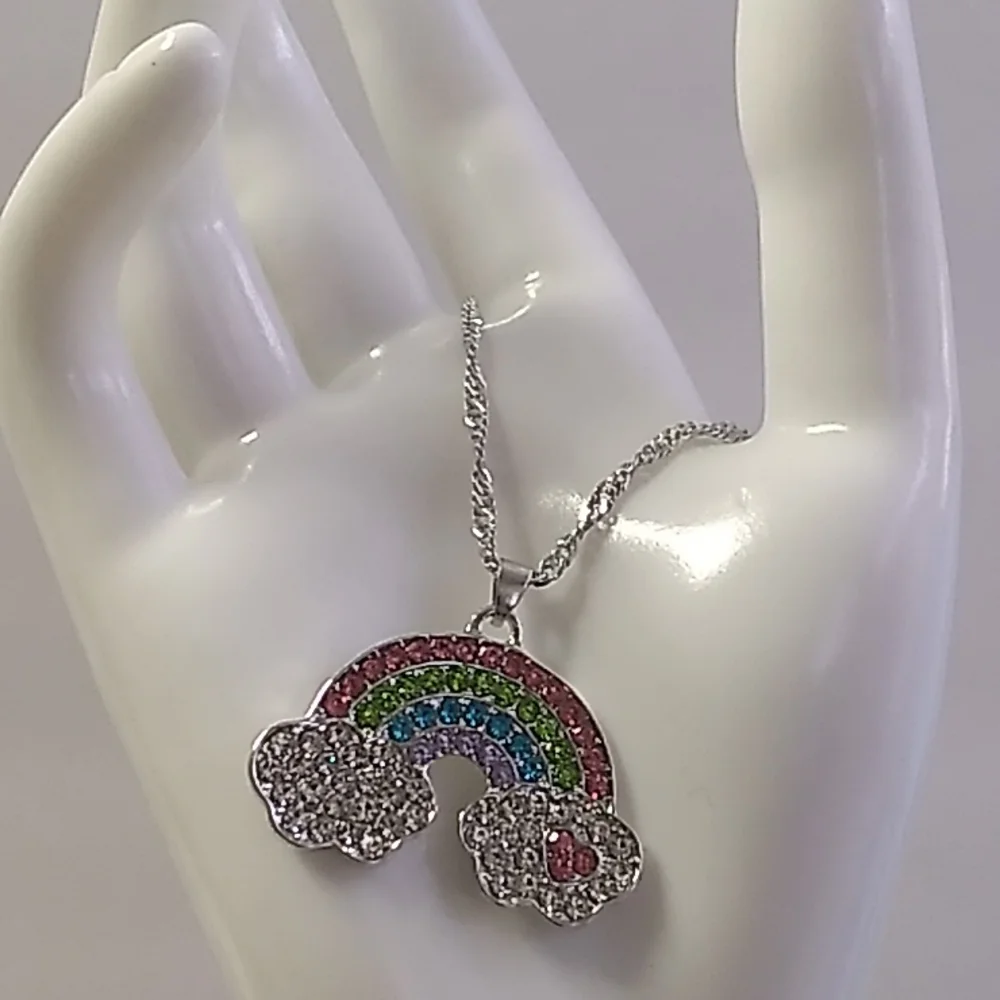 Cute Rainbow necklace Girls w Rhinestones 22 inch chain, pink, blue.